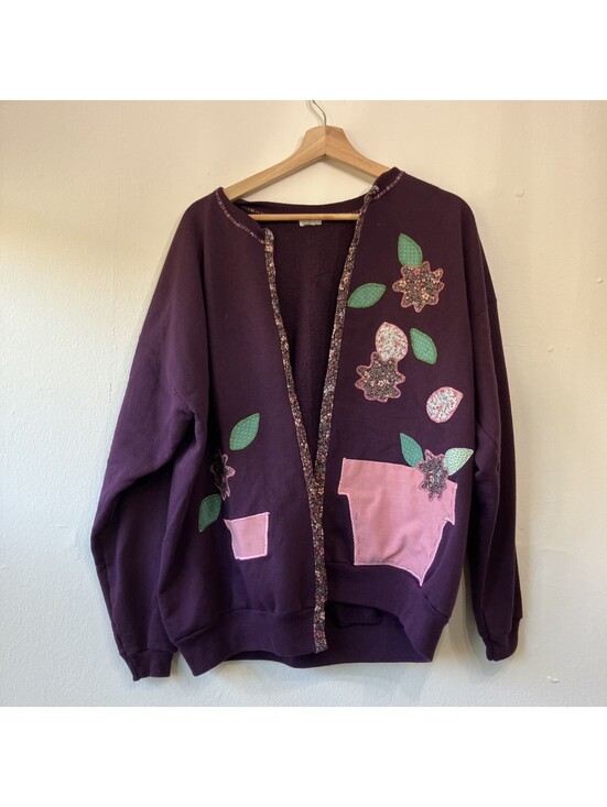 American Vintage Sweaters - Vintage 90s Handmade Embroidered Floral Sweatshirt Cardigan Cottage Whimsy Large
